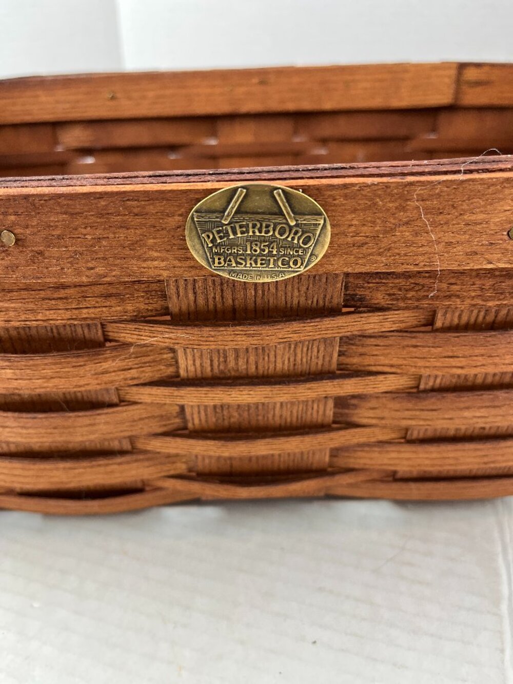 Peterboro basket company, basket, 16" x 9.5" with leather handles